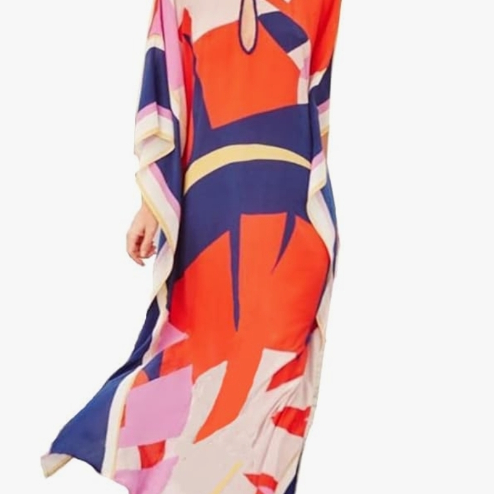 Unk Red Navy Pink Abstract Flowing Maxi Dress